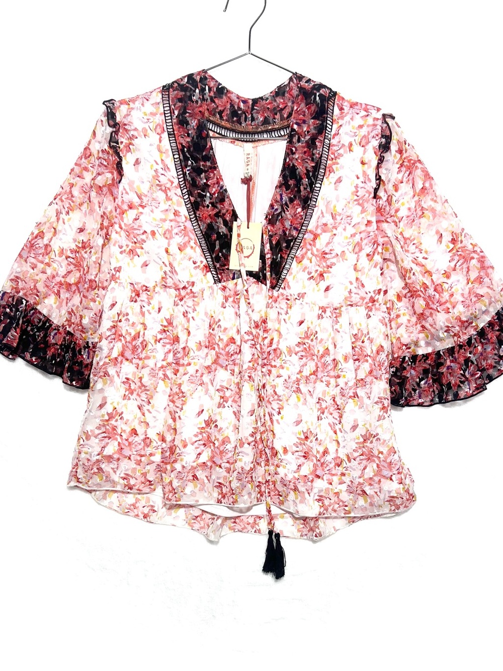 🌸 RAGA Pink Floral Boho Peasant Blouse Tassel Tie NWT Small